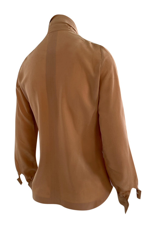 1970s Chanel True Haute Couture Pleated Front Silk Top w Bow & French Cuffs
