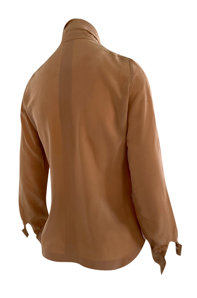 1970s Chanel True Haute Couture Pleated Front Silk Top w Bow & French Cuffs