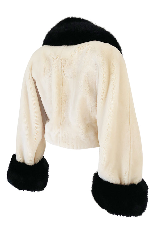 1994 Franco Moschino Ivory & Black Question Mark Faux Fur Cropped Jacket