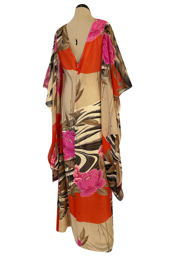 1960s Hanae Mori Couture Long Open Kimono Sleeve Pink Floral Print Cotton Caftan Dress