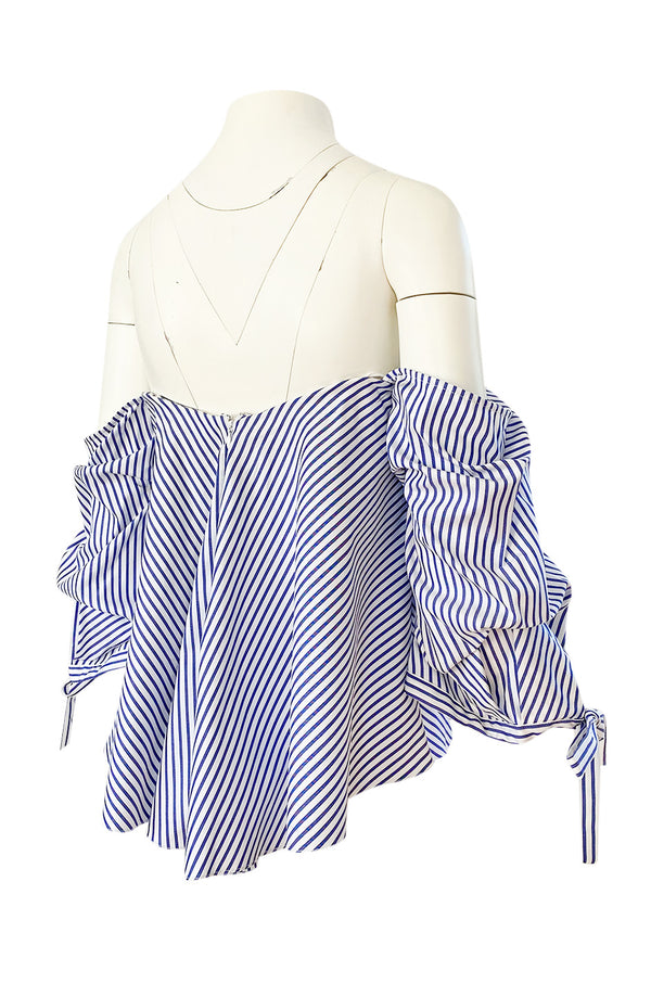 Recent Caroline Costas Blue & White Striped Pouf Sleeved Off Shoulder Top