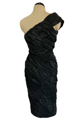 1980s Antony Price Hand Gathered One Shoulder Black Taffeta Dress