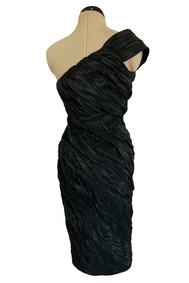 1980s Antony Price Hand Gathered One Shoulder Black Taffeta Dress