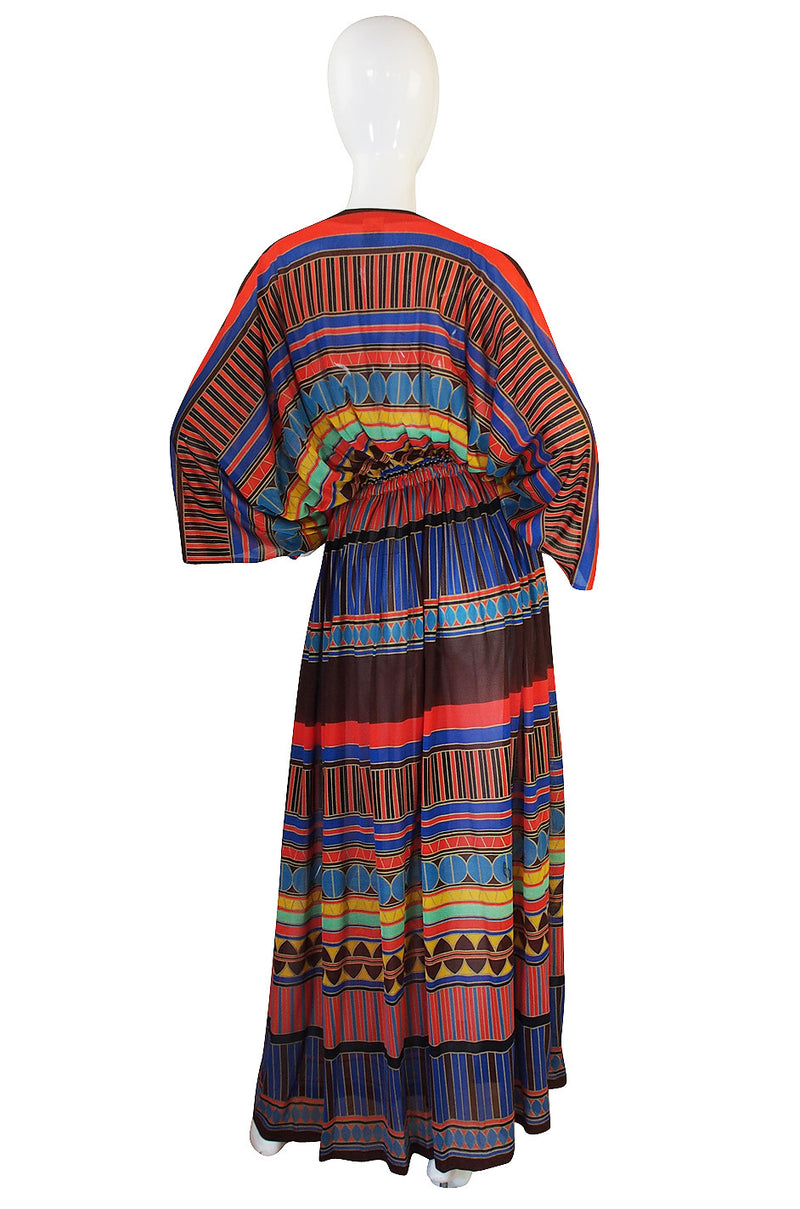 1970s Gottex Plunging Striped Wrap Caftan Dress