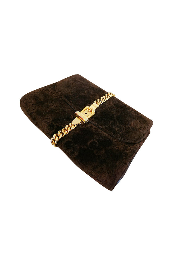 Fantastic 1970s Brown Velvet and Gold Buckle Gucci Clutch