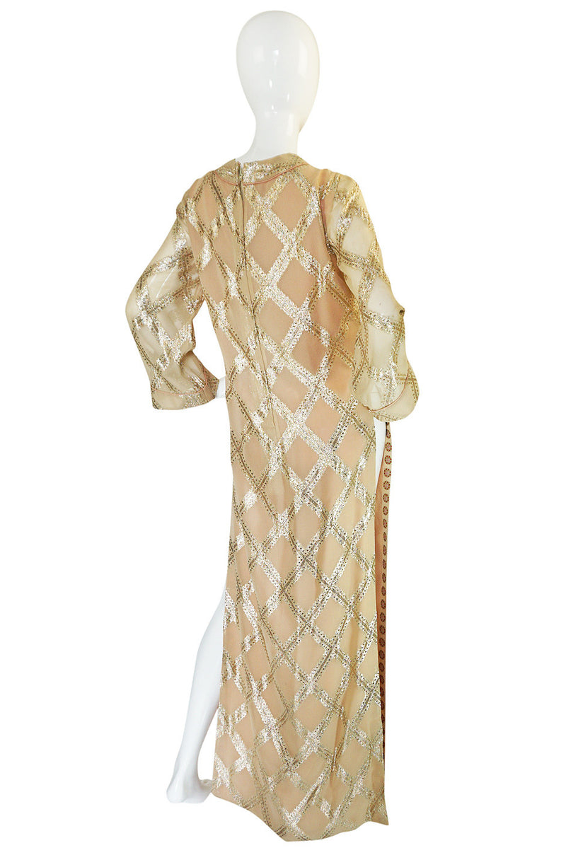 1960s Tina Leser Gold Lame Thread Side Slit Tunic Caftan Dress