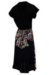 1940s Unlabeled Mixed Silk Crepe & Floral Silky Rayon 'Apron' Dress