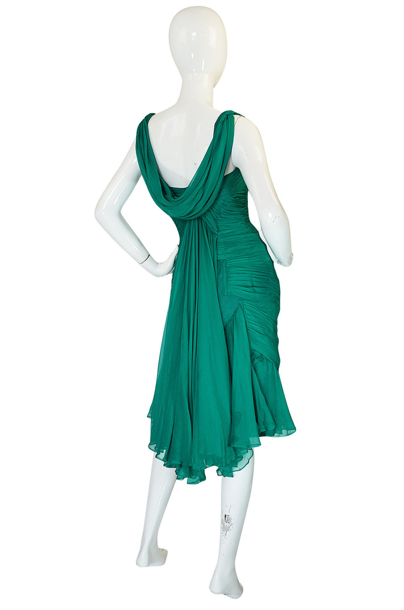 Rare c1958 Jean Desses Green Silk Elaborate Pleat Dress