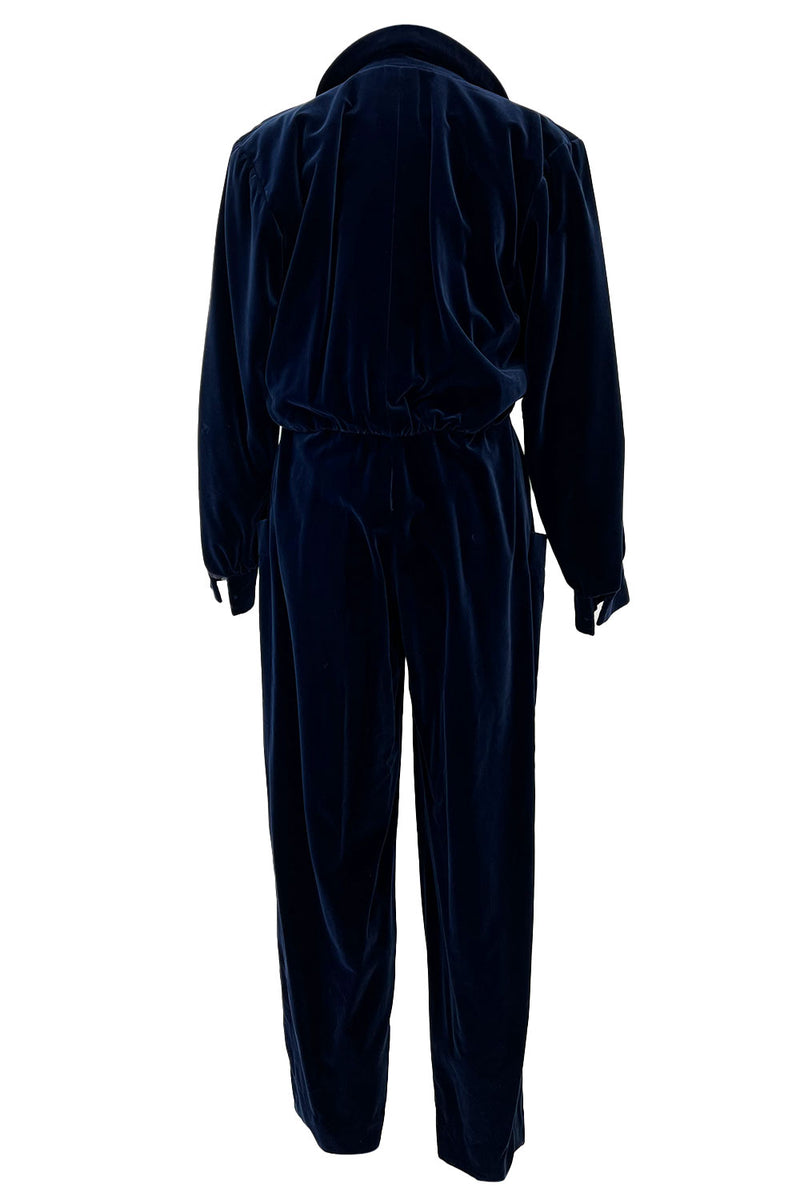 Fantastic Fall 1985 Yves Saint Laurent Deep Runway Blue Velvet Jumpsuit w Slouchy Front Pockets