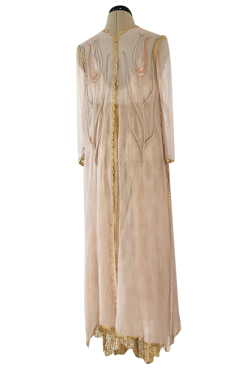Prettiest 1977 Bill Gibb Couture Embroidered Gold Thread Net Dress w Long Jacket