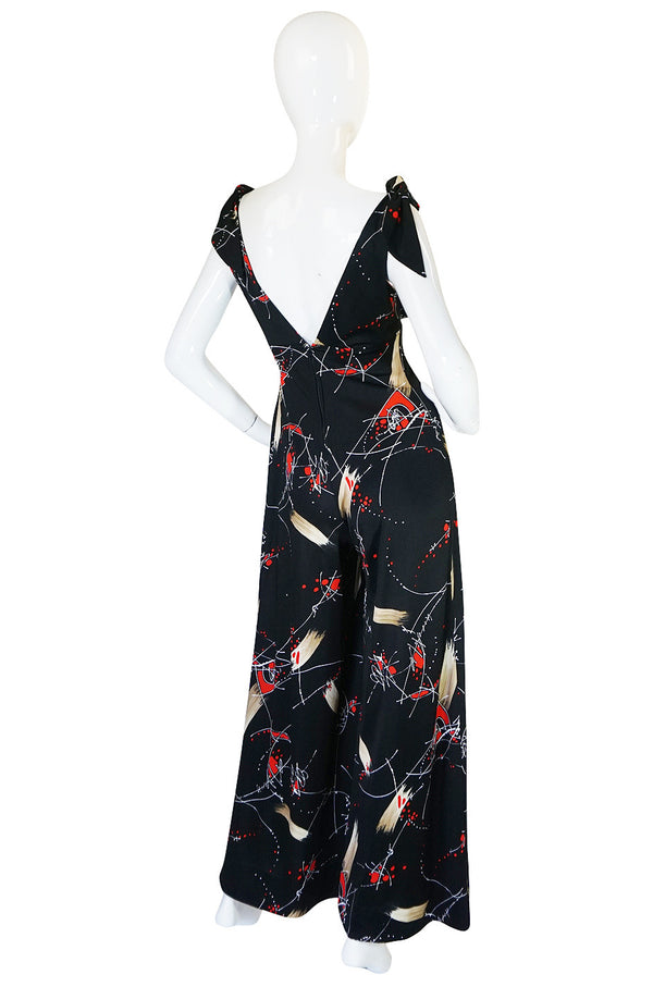 1970s Print Jersey Plunging Wide Leg Jumpsuit