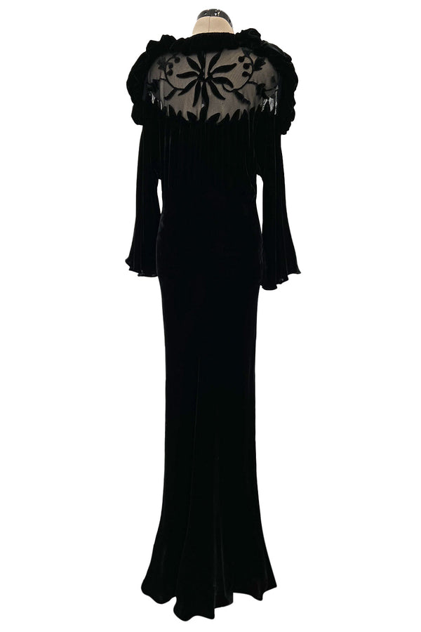 Gorgeous 1930s Bias Cut Silk Velvet Dress w Silk Mesh & Applique Detailing & Incredible Sleeves