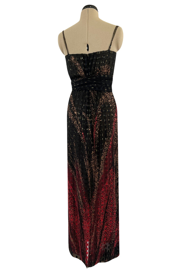 1970s Pauline Trigere Metallic Gold Thread on Pritned Silk Chiffon Dress & Sash