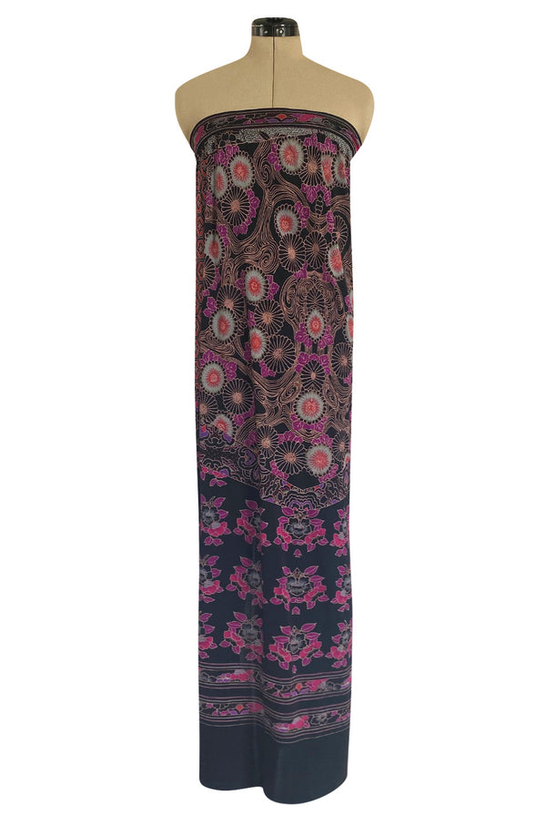 Beautiful 1970s Leonard Strapless Printed Silk Jersey Dress w Matching Silk Chiffon Cape