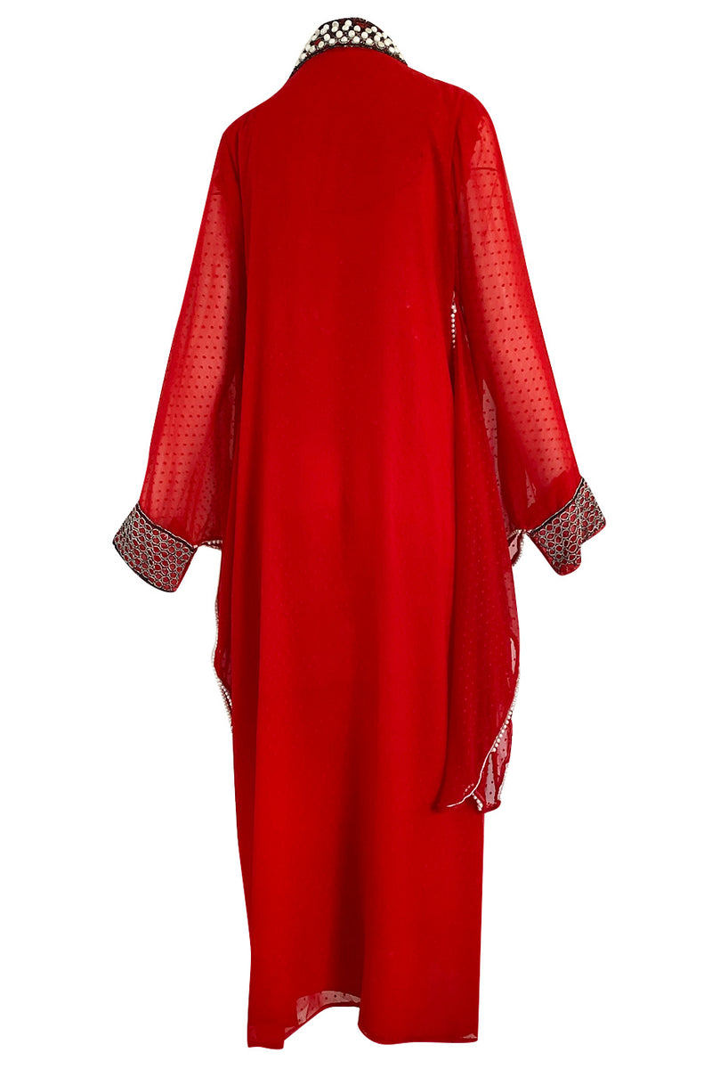 Striking 1970s Red Dotted Chiffon White Beaded Caftan Dress w Kimono Sleeves