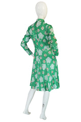1970s Apple Green Print Washable Jersey Secretary Dress