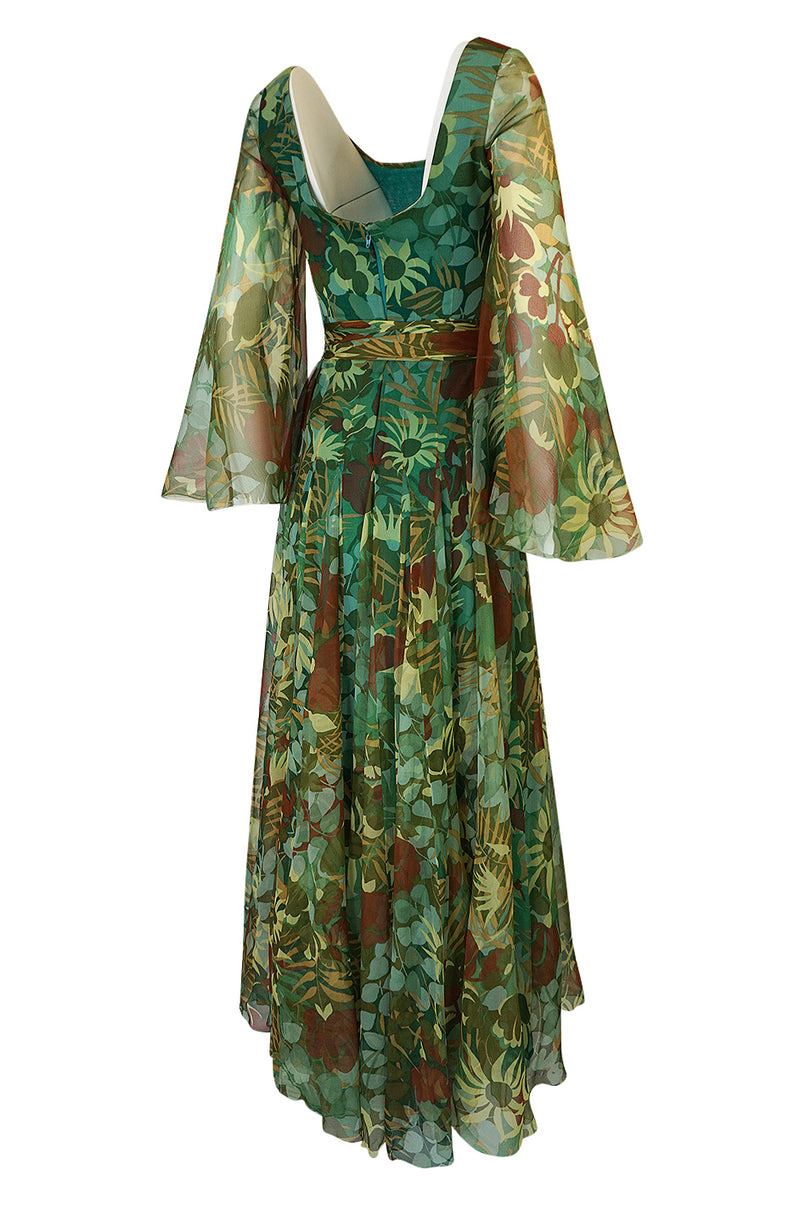 1970s Stavropoulos Couture Floral Print Silk Dress w Pleated Skirt