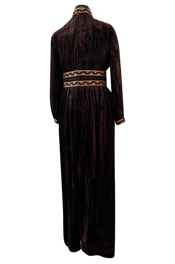 Late 1960s Oscar de la Renta Deep Brown Flat Velvet & Brocade Dress w Slit Sleeves & Lace Belt