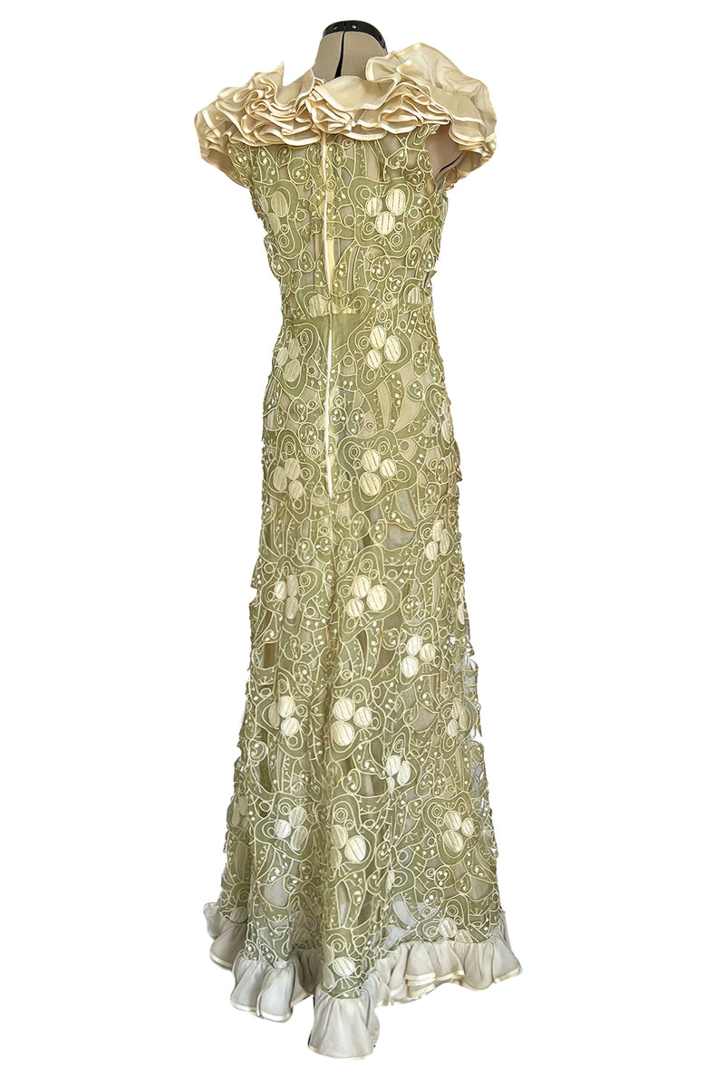 Early 1960s Carven Couture Pale Green Silk Organdy Embroidered Cut Out Dress