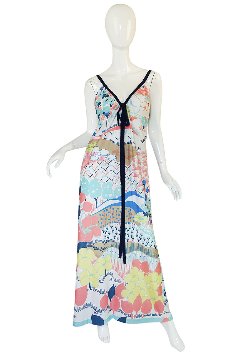 1970s Lanvin Pastel Scenic Printed Jersey Maxi Dress