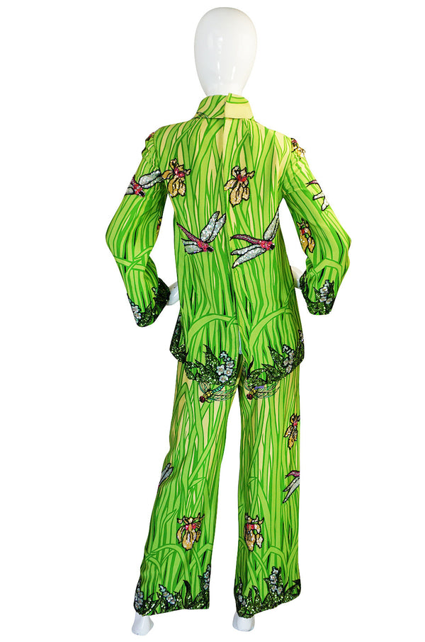 1960s Micheal Novarese Sequin Dragonfly & Flowers Silk Pant Suit