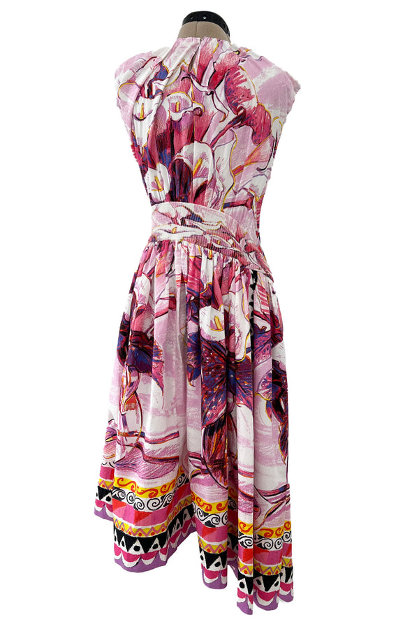 Prettiest Recent Prada Pink Flowerpot Postcard Print Cotton Dress w Asymetrical Hemline