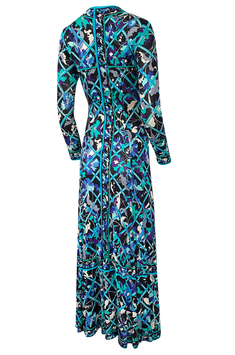 Gorgeous 1960s Emilio Pucci Blue Lattice Print Silk Jersey Maxi