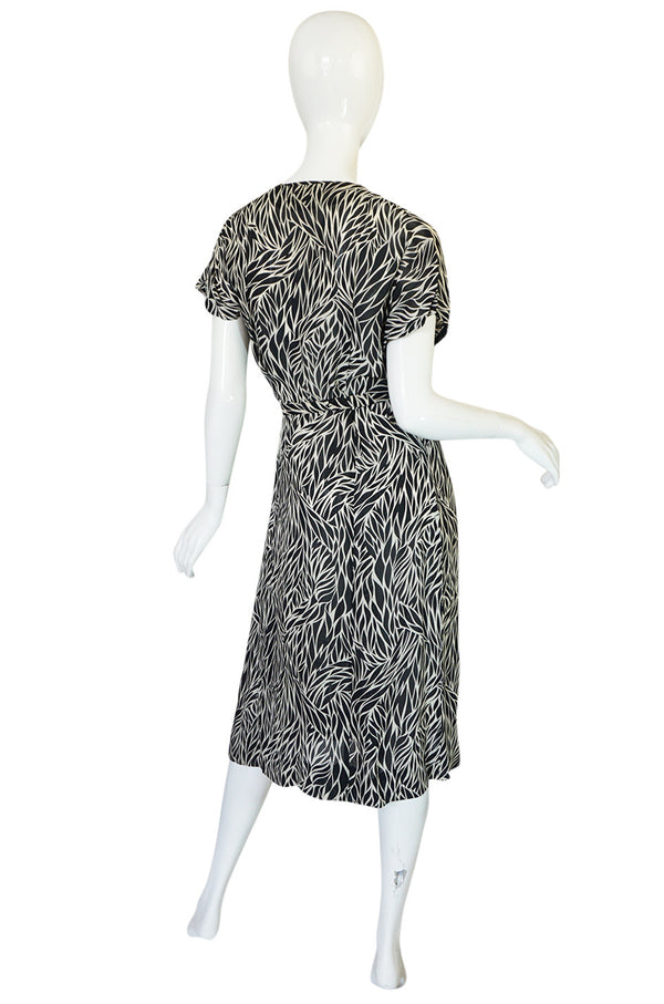 1940s Black & White Graphic Print Silk Chiffon Dress