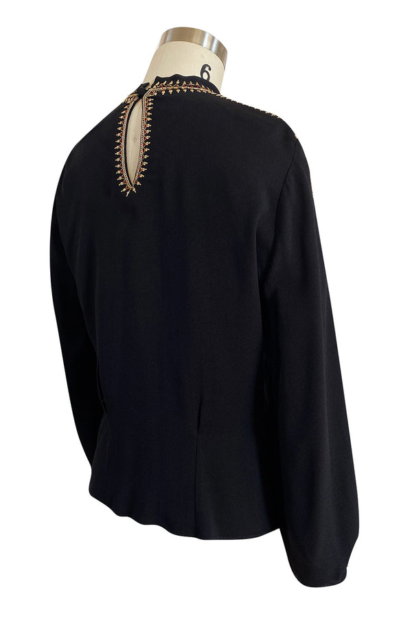 Stunning 1940s Black Silk Crepe Top w Extensive Hand Embroidered Neckline & Sleeves