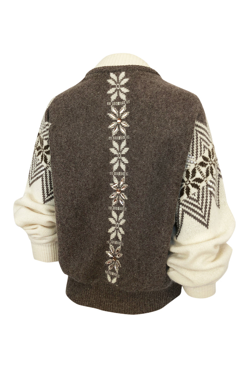 1980s Givenchy Shetland Wool Numbered Sweater w Bead & Sequin Detailing