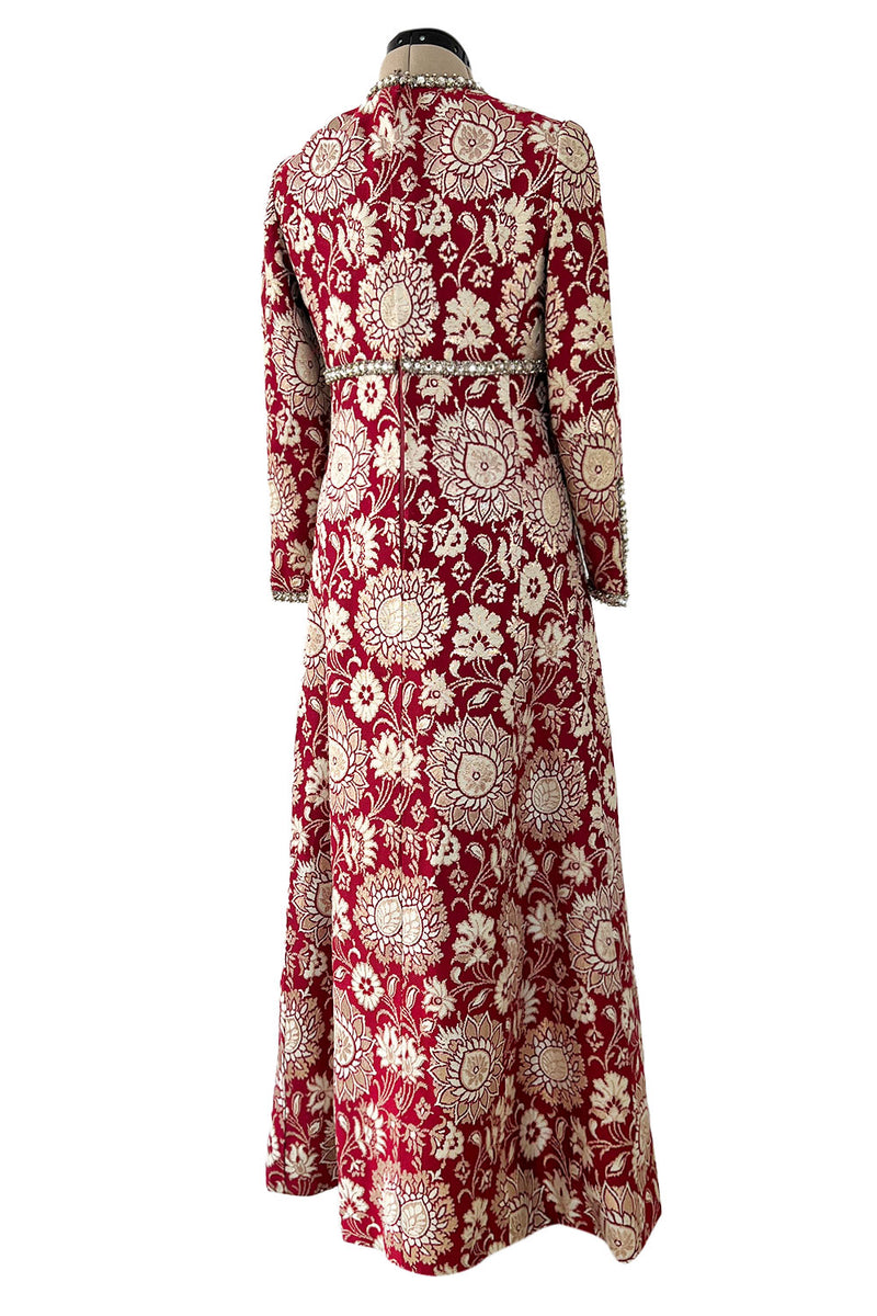 Stunning 1970s Adele Simpson Red & Gold Brocade Dress w Rhinestone Detailing