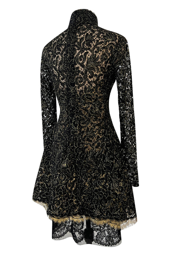 1980s James Galanos Attributed Demi-Couture Black & Metallic Gold Lace Dress Set