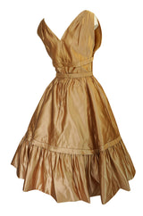 c.1957 Christian Dior Demi-Couture Gold Bow Detailed Silk Dress