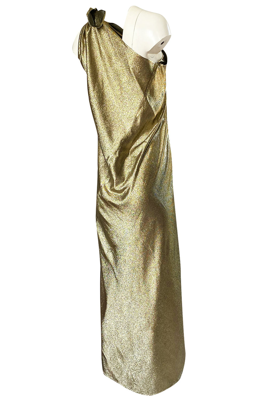 Important 1976 Halston Couture One Shoulder Gold Metallic Lame Sarong Shrimpton Couture Important 1976 Halston Couture One Shoulder Gold Metallic Lame Sarong Shrimpton Couture