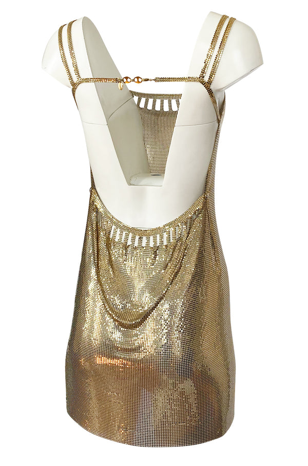 Original 1980s Paco Rabanne Oroton Gold Metal Mesh Backless Mini Dress