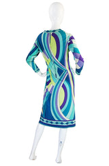 1970s Blue Print Leonard Paris Silk Jersey Dress