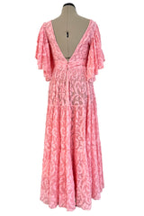 Amazing 1930s Unlabeled Pink Light Woven Cotton Tiered Applique Dress w Amazing Sleeves