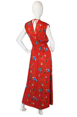 1970s Chic Coral Print Jersey Maxi Dress