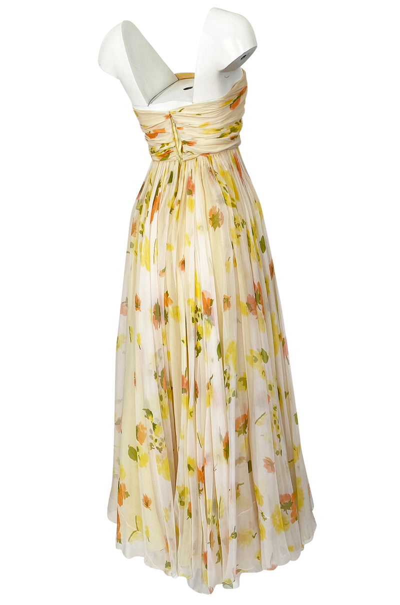 1961 Ferdinando Sarmi Strapless Yellow Floral Print Silk Chiffon Dress w Front Bow Detail