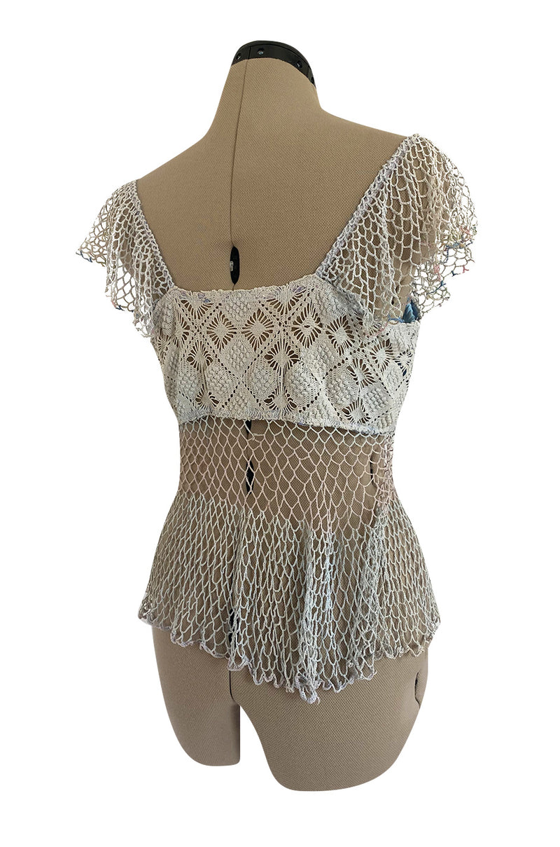 1960s Handmade Crocheted Crop Top in Blue & Pale Pink w Ruffled Cap Sleeve and Body