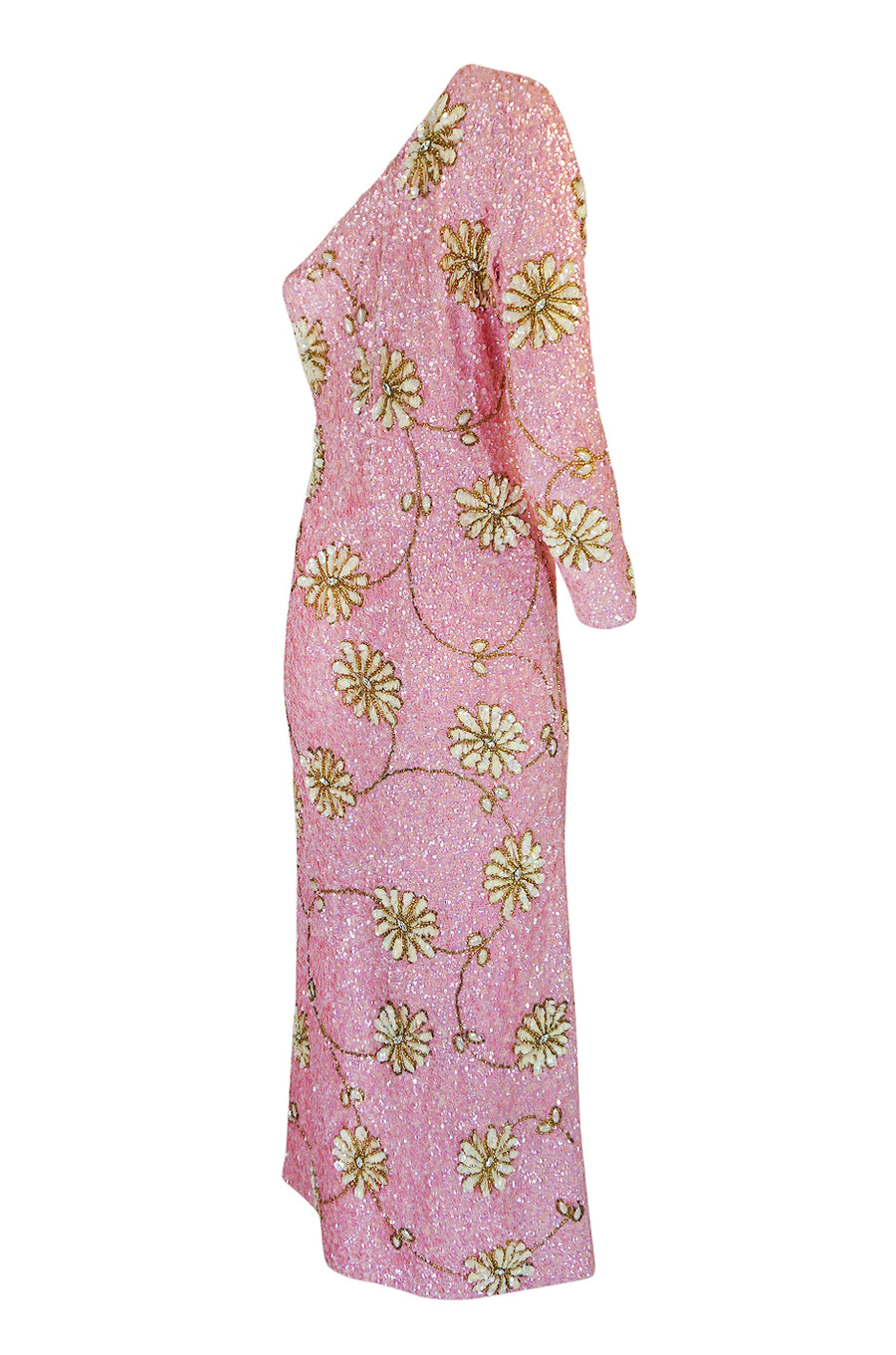 c.1965 Gene Shelly Pink Sequin Stretch Knit Dress w 3D