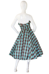 1950s Gorgeous Strapless Checked Full Skirt Dress