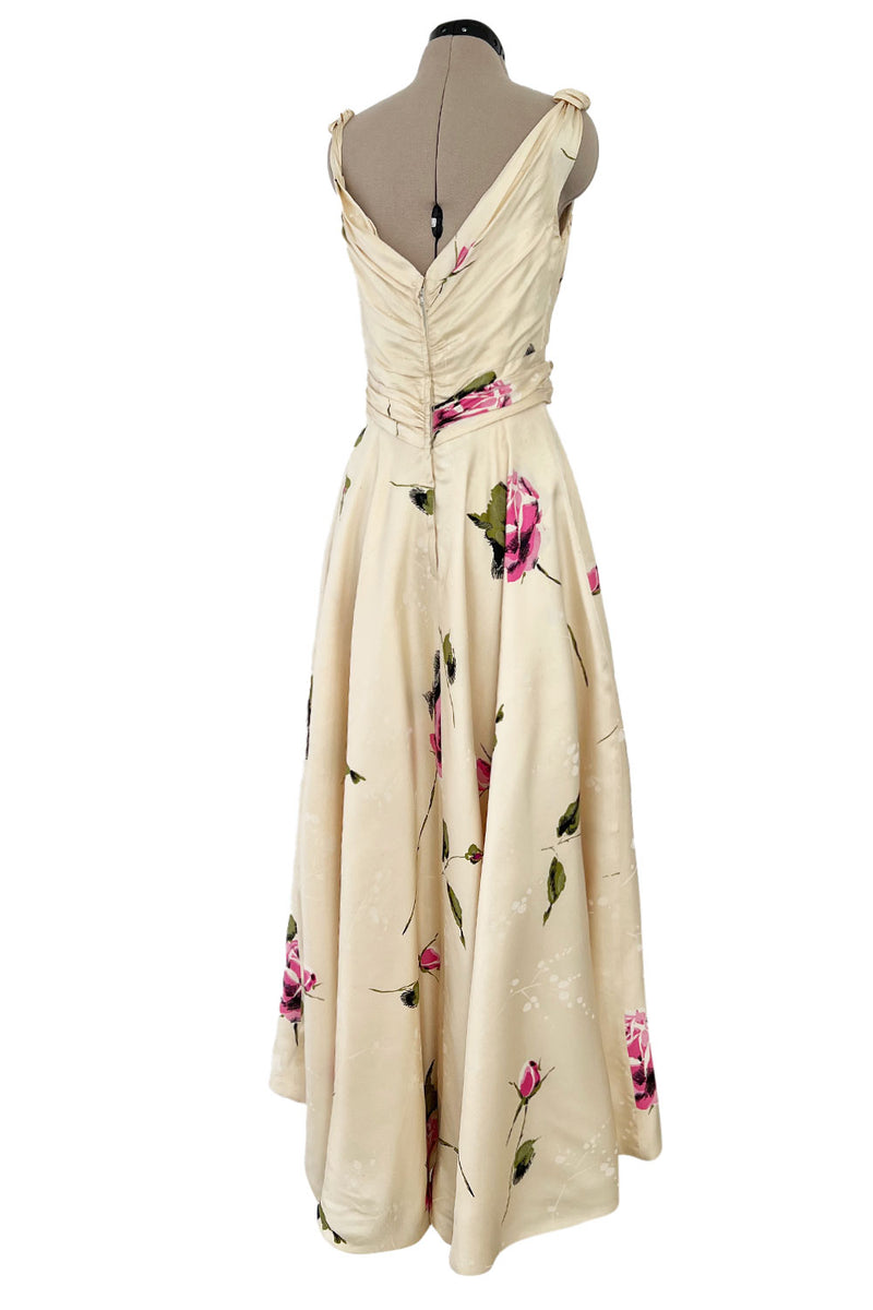 Gorgeous 1940s Unlabeled Ivory Silk Twill Dress w Painted & Appliqued Rose Print