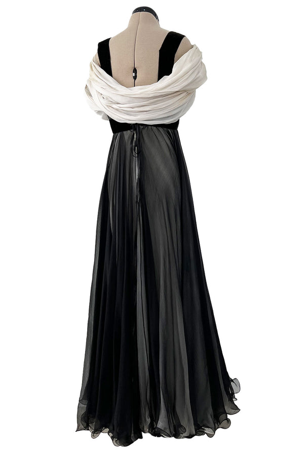 Stunning Spring 1986 Jacqueline de Ribes Black & Ivory Bias Cut Silk Chiffon Dress