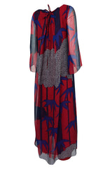 1970s Hanae Mori Silk Chiffon Beautifully Printed Caftan Dress
