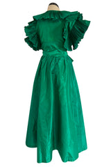 1980s Paul-Louis Orrier Emerald Green Silk Taffeta Couture Dress w Extravagant Ruffles
