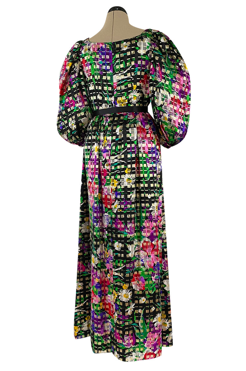 Beautiful 1970s Michael Novarese Ribbon Weave Silk Chiffon Bright Floral & Metallic Dress