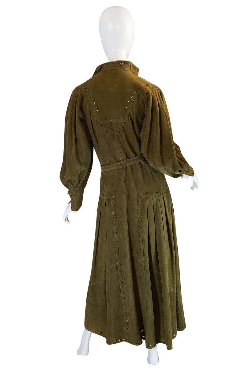 1970s Jean Muir Billowing Sleeve Perforated Olive Suede Dress