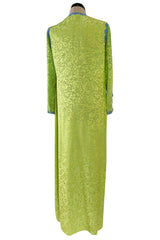 1980s Oscar de la Renta Green Silk Blue Trim Caftan Dress or Evening Coat