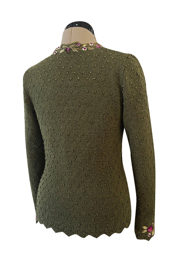 Prettiest 1980s Wolkenstricker Moss Green Colour Hand Knit Cardigan Sweater w Pink Floral Details